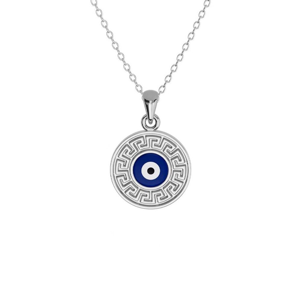 New Stakora Greek Key Evil Eye Pendant Disc Necklace Sterling Silver Brand 16"